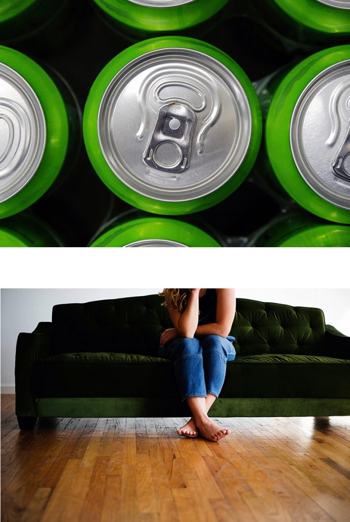 cans of soda and a couch